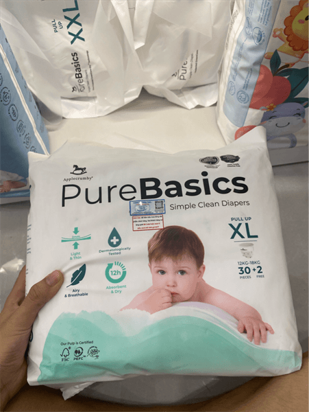 Bỉm tã quần ngày đêm Applecrumby Purebasics Diapers Pull Ups size XL - 30+2 miếng (12 - 18kg)