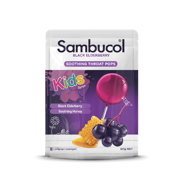 KẸO NGẬM TĂNG ĐỀ KHÁNG & GIẢM ĐAU HỌNG SAMBUCOL BLACK ELDERBERRY SOOTHING THROAT POPS 60GR