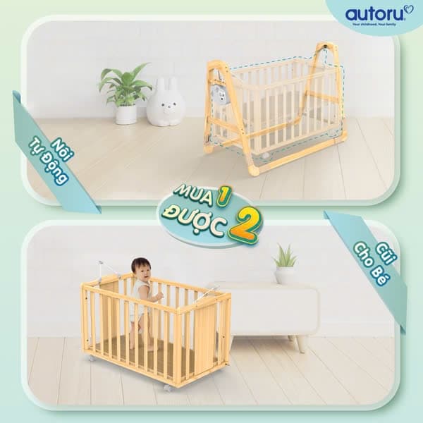Nôi gỗ tự động &cũi cho bé Z5 2 in1