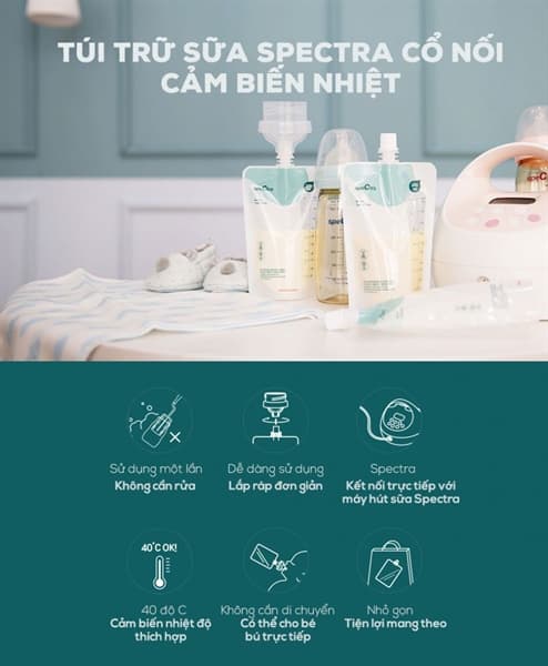 Túi trữ sữa cảm biến nhiệt Spectra nắp vặn (cổ nối) 200ml x 10 túi