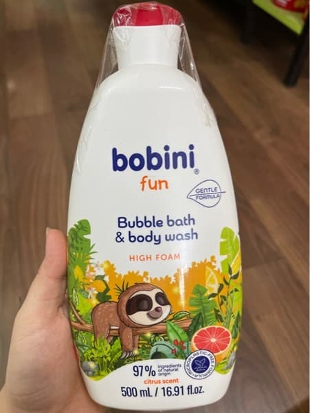 Gel tắm tạo bọt cho trẻ em Bobini Fun mềm mịn hương cam chanh 1+ tuổi 500ml