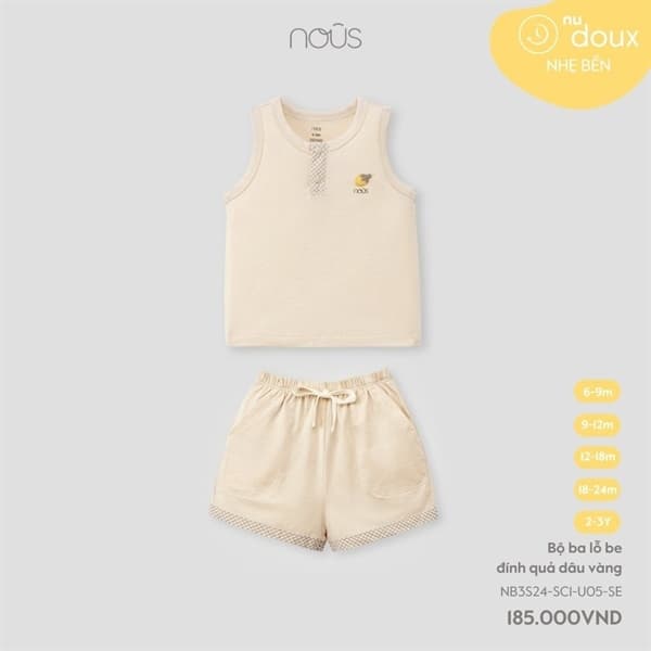 Bộ ba lỗ be đính quả dâu vàng 18M