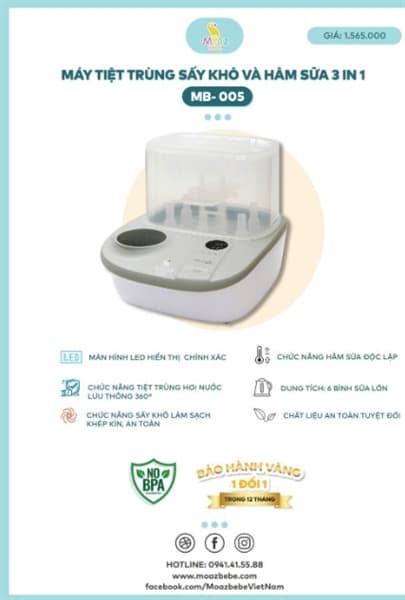 MÁY HÂM SỮA TIỆT TRÙNG SẤY KHÔ CHO BÉ, BẰNG ĐIỆN NHÃN HIỆU MOAZBEBE, MODEL MB005