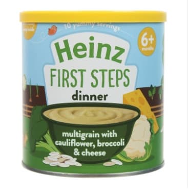 Bột ăn dặm Heinz Lon- Vị Súp Lơ,B.cải,PMai 6m (445)